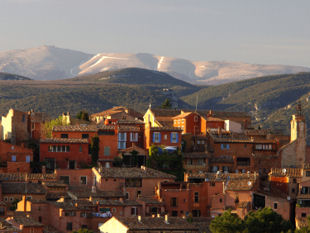 View of Roussillon village with Mont Ventoux in the background.